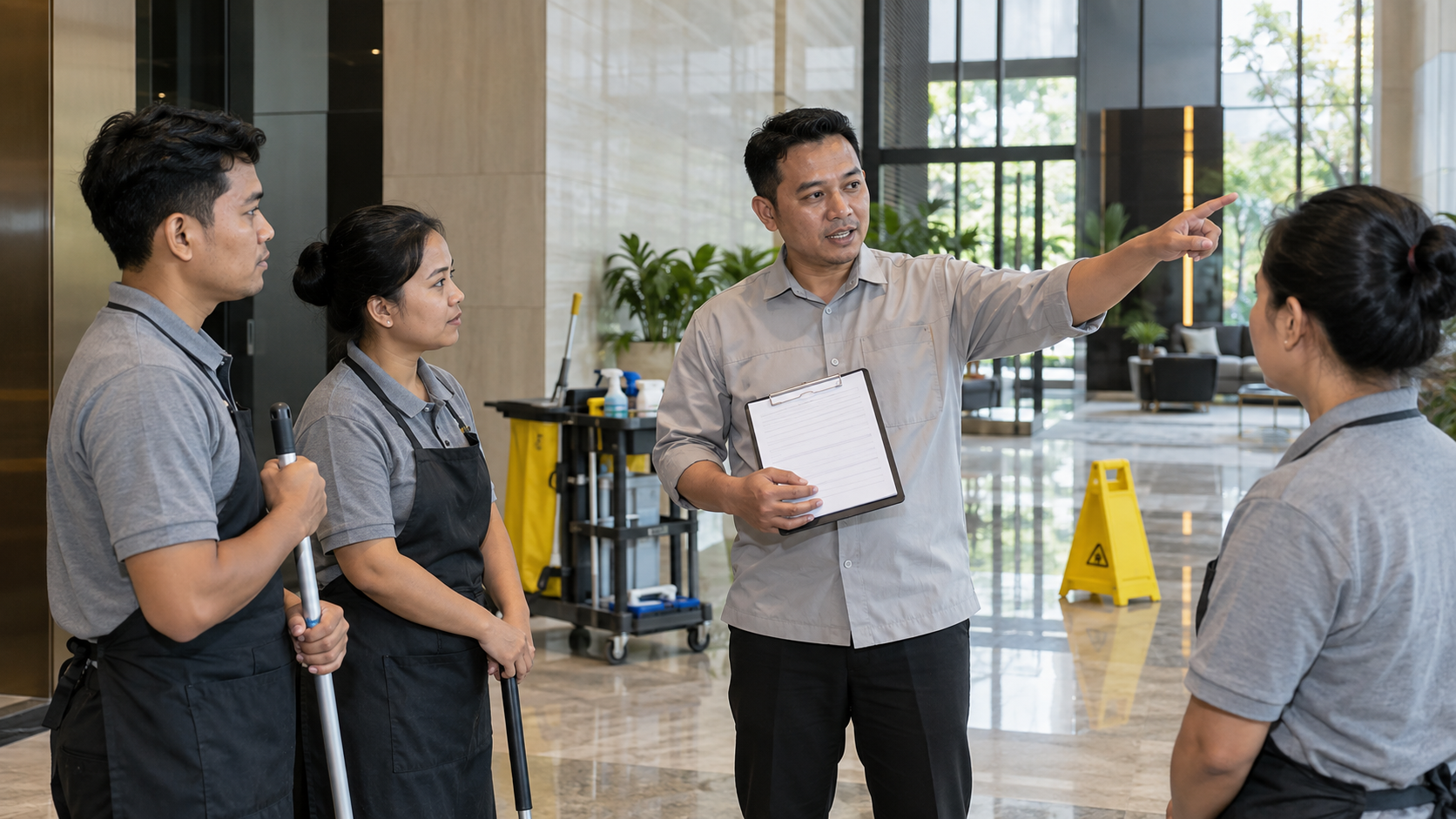 Ilustrasi AI team leader memberikan pengarahan kepada tim kebersihan sebelum bekerja.