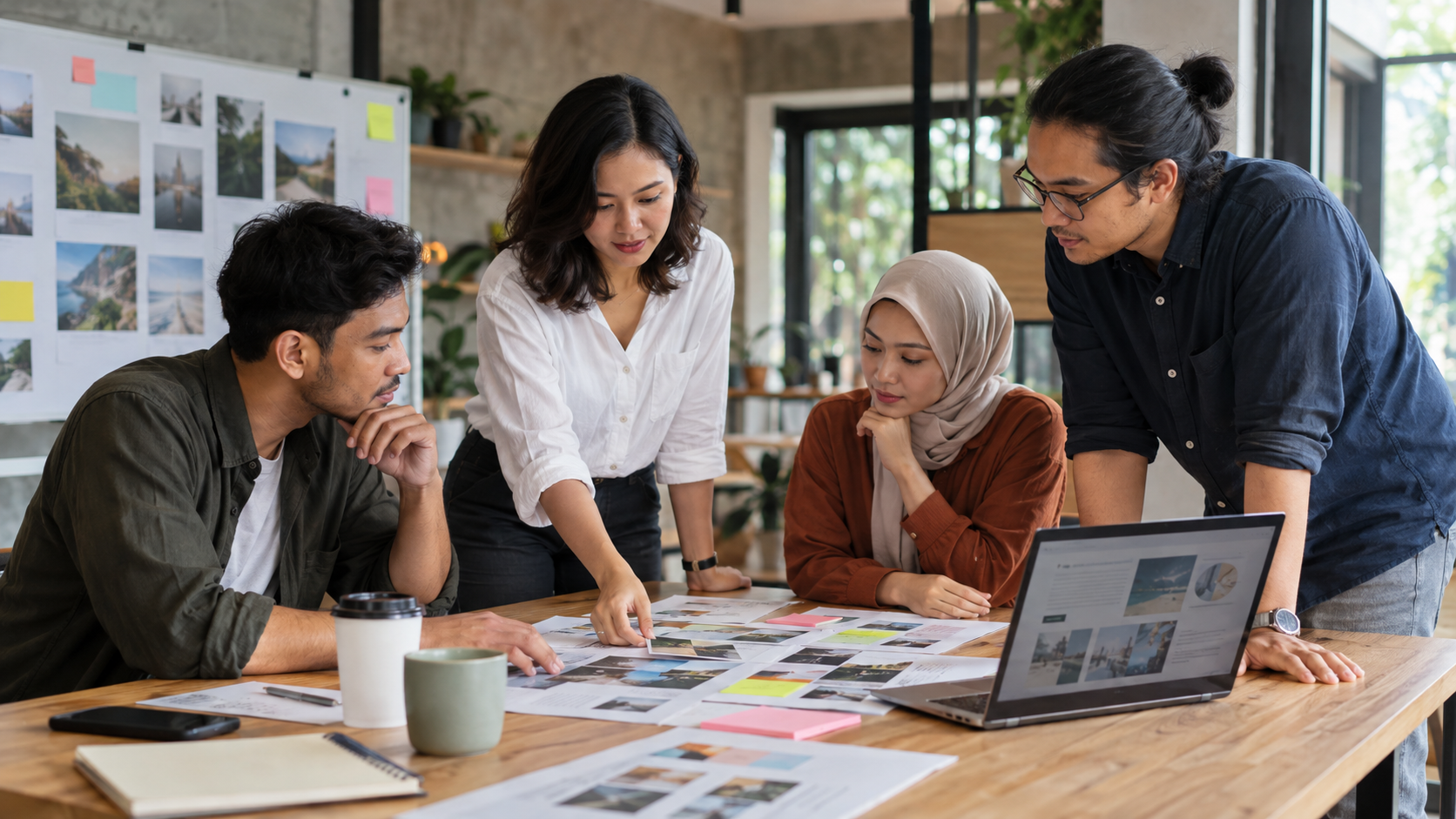 Ilustrasi AI tim profesional meninjau rencana dan materi strategi konten di ruang kerja.