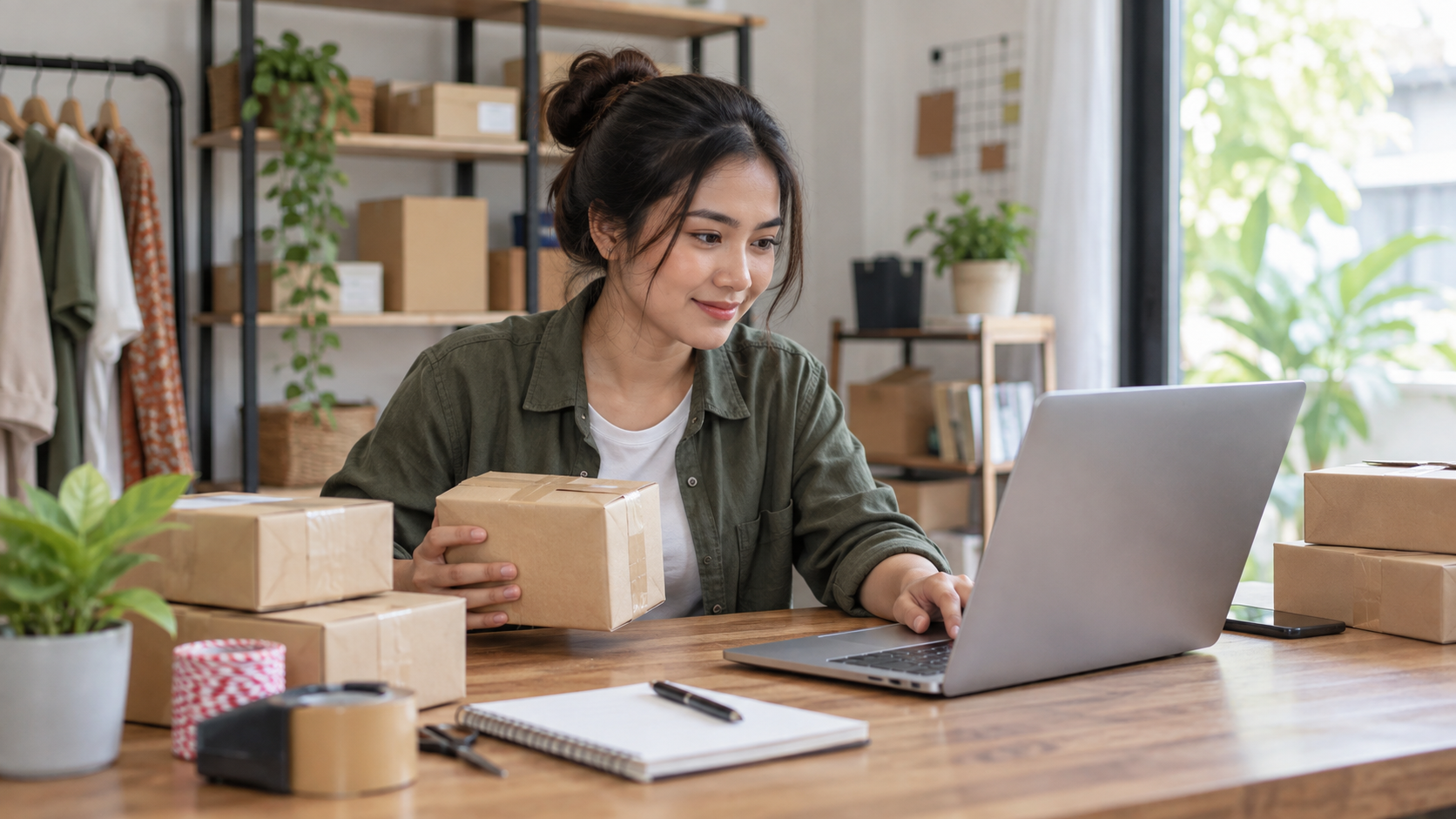 Ilustrasi pemilik usaha menyiapkan penjualan daring menggunakan laptop dan paket tanpa merek.