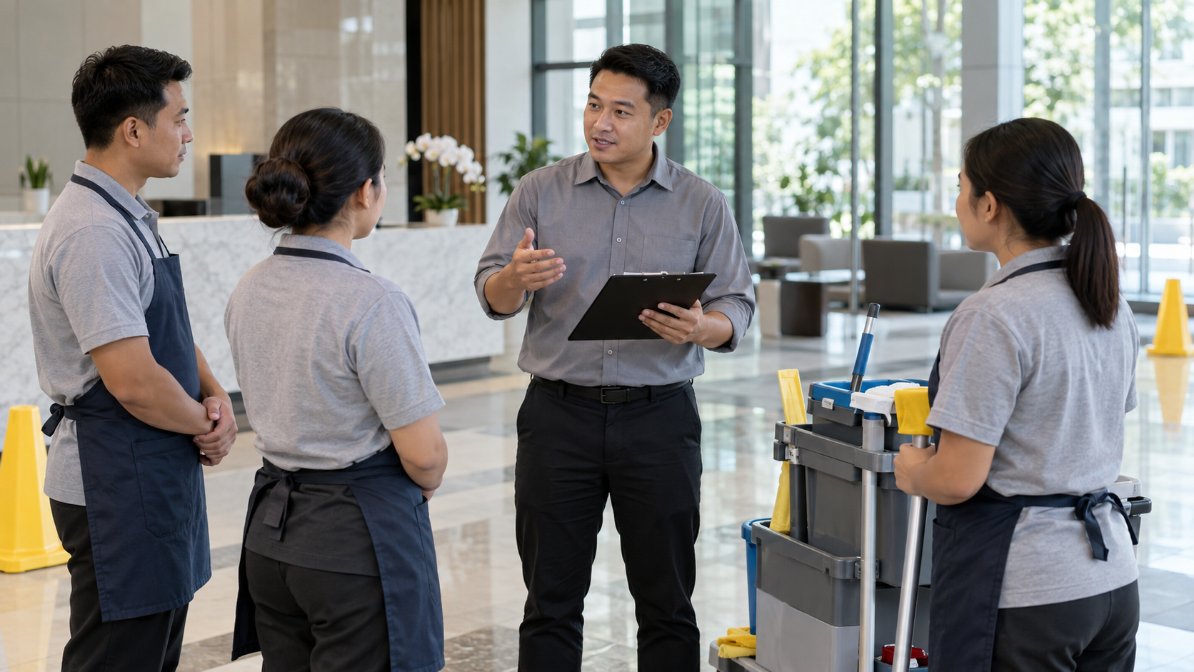 Ilustrasi AI supervisor memberikan pengarahan kepada tim kebersihan di area kerja.