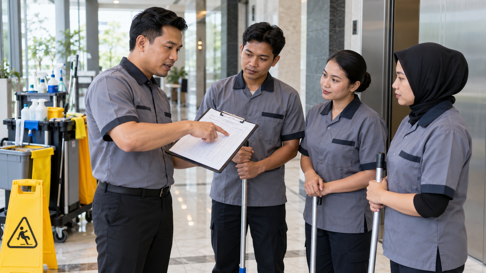 Ilustrasi koordinator memberikan pengarahan kepada tim kebersihan sambil meninjau jadwal area sebelum pekerjaan dimulai