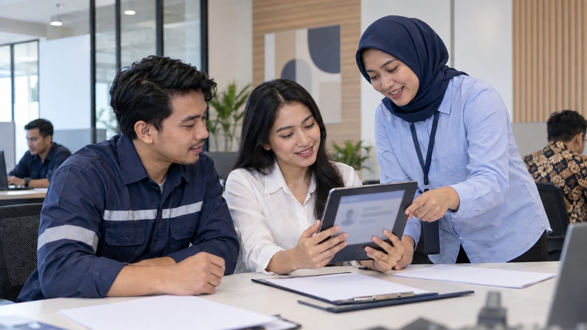 Profesional Indonesia meninjau sertifikat kompetensi elektronik melalui tablet.