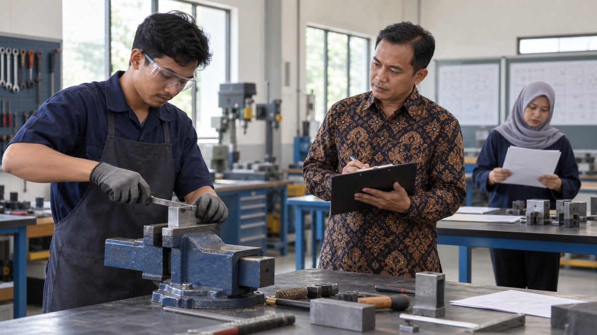 Asesor kompetensi mengamati peserta menjalani asesmen praktik di tempat uji kompetensi.